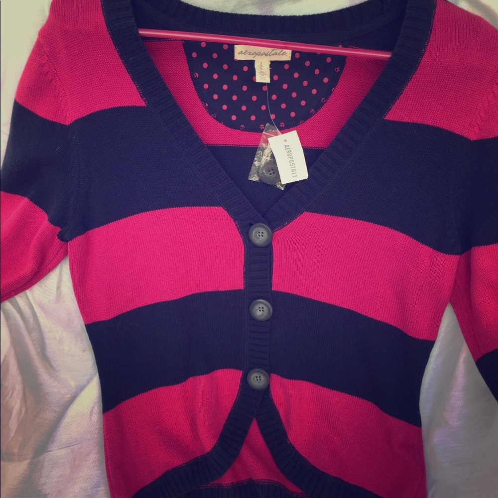 Three button mid-sleeve striped sweater